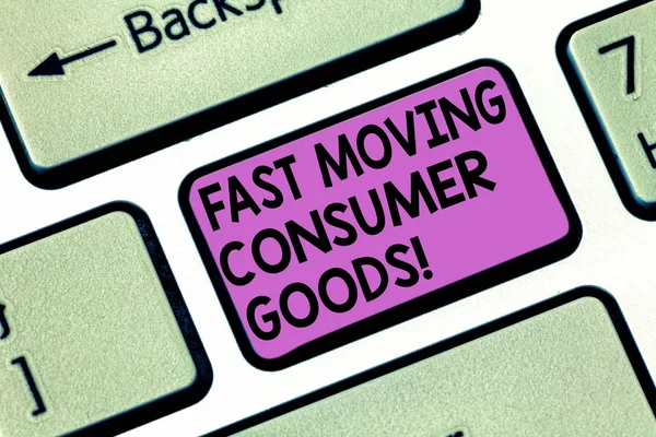 Conceptual hand writing showing Fast Moving Consumer Goods. Business photo showcasing High volume of purchases Consumerism retail Keyboard key Intention to create computer message idea.