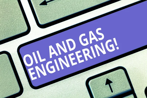 Text sign showing Oil And Gas Engineering. Conceptual photo Petroleum company industrial process engineer Keyboard key Intention to create computer message pressing keypad idea. — Stock Photo, Image