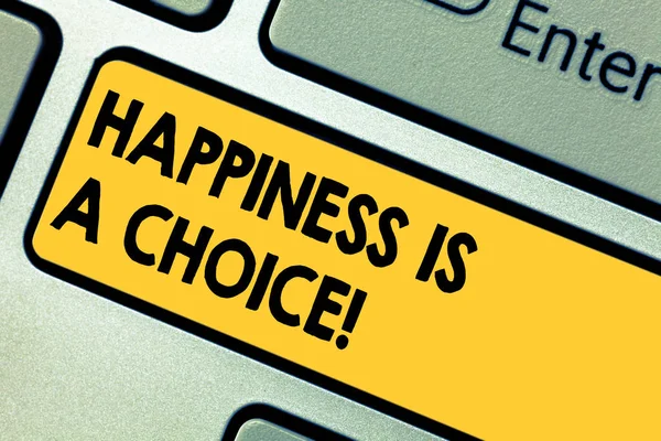 文字写作文本幸福是一种选择。商务理念为保持快乐所有的时间欢快的灵感激励键盘键意图创建计算机消息按键盘的想法. — 图库照片