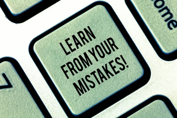 Writing note showing Learn From Your Mistakes. Business photo showcasing Take experience and advice from fails errors Keyboard key Intention to create computer message pressing keypad idea. — Stock Photo, Image