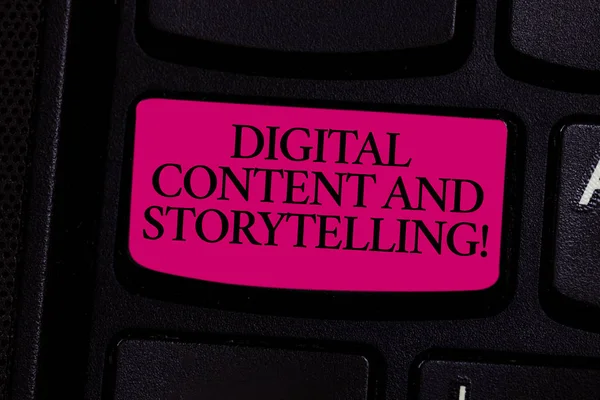 Handwriting text writing Digital Content And Storytelling. Concept meaning Marketing advertising optimization strategy Keyboard key Intention to create computer message pressing keypad idea.