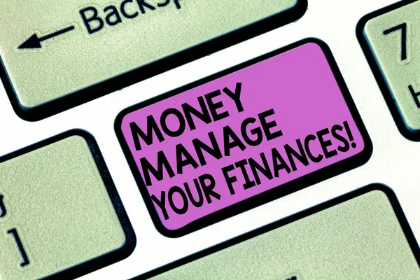 Conceptual hand writing showing Money Manage Your Finances. Business photo showcasing Make good use of your earnings Investing Keyboard key Intention to create computer message idea.