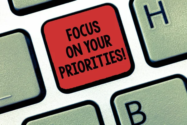 Nota di scrittura che mostra Focus On Your Priorities. Business photo showcase Crea un piano basato su cose importanti da fare Keyboard Intention per creare l'idea della tastiera del messaggio del computer . — Foto Stock