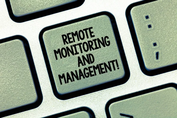 Writing note showing Remote Monitoring And Management. Business photo showcasing Long distance monitor data analysisager Keyboard Intention to create computer message keypad idea. — Stock Photo, Image