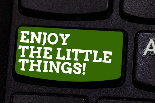 Escribiendo una nota que muestra Enjoy The Little Things. Exhibición de fotos de negocios Inspírate con detalles simples de la vida Motivación Teclado Intención de crear un mensaje de computadora presionando el teclado idea . — Foto de Stock