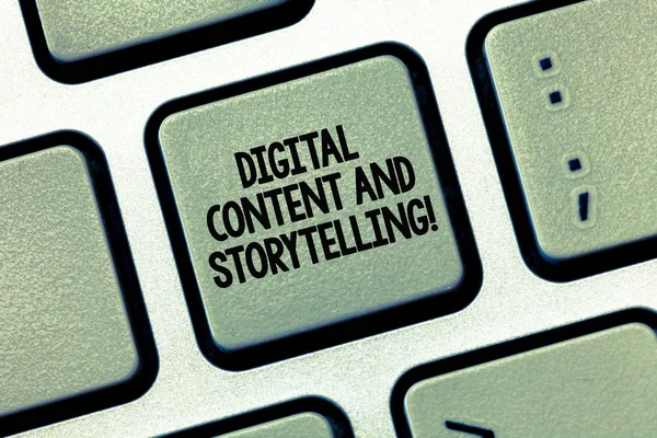 Writing note showing Digital Content And Storytelling. Business photo showcasing Marketing advertising optimization strategy Keyboard Intention to create computer message keypad idea.