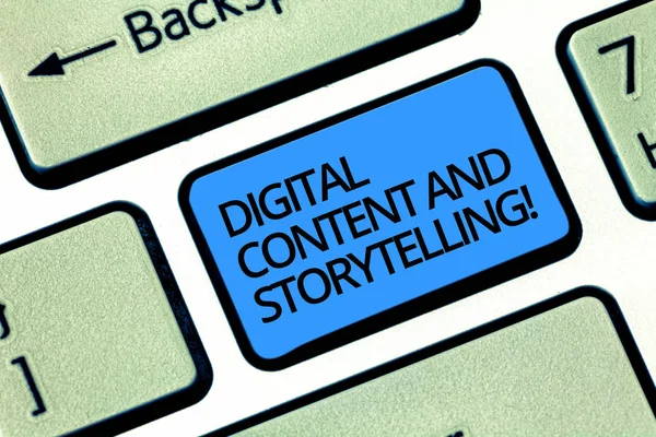Writing note showing Digital Content And Storytelling. Business photo showcasing Marketing advertising optimization strategy Keyboard key Intention to create computer message pressing keypad idea.