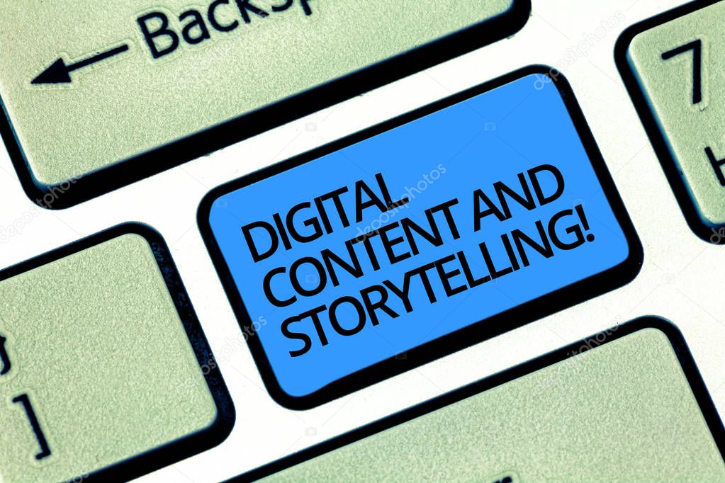 Writing note showing Digital Content And Storytelling. Business photo showcasing Marketing advertising optimization strategy Keyboard key Intention to create computer message pressing keypad idea.
