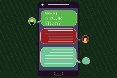 Senin Storyquestion nedir yazma el yazısı metin. Söyle bize arka plan ve yaşam anlam kavramı Mobile Messenger ekranı sohbet başkanları ve boş renk konuşma balonları ile deneyimleri.