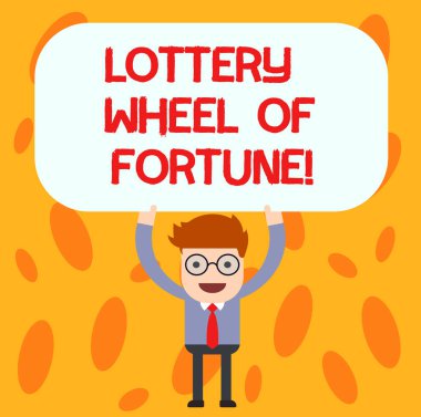 Piyango Wheel Of Fortune gösterilen metin işareti. Kavramsal fotoğraf iyi şanslar adam ayakta tutan yukarıda bağımlılığı kumarbaz kumar onun kafa boş dikdörtgen renkli kurulu şans..