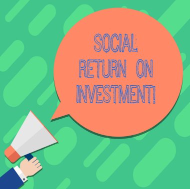 Sosyal yatırım getirisi yazma el yazısı metin. Bağış kazanç parçası Invest Hu analiz el elinde megafon boş yuvarlak renk konuşma balonu fotoğraf anlam kavramı.