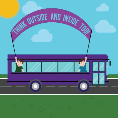 Düşünmek dışarıda ve içeride de gösterilen metin işareti. Kavramsal bir fotoğraf görmek farklı açılardan iki çocuklar içinde okul otobüsü tutarak dışarı afiş sopa ile sorun bir günlük gezi.