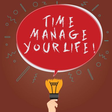 Kavramsal el zaman yönetmek Your Life gösterilen yazma. Her gün veya iş faaliyetleri Oval konuşma balonu bir ampul yukarıda kırık fikir başarısız simgesi olan için iyi zamanlama vitrine iş fotoğraf.