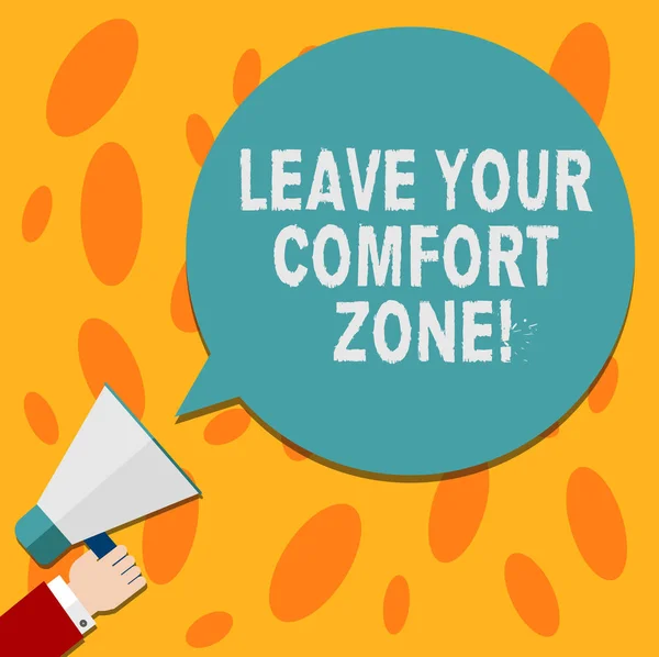 Text sign showing Leave Your Comfort Zone. Conceptual photo Make changes evolve grow take new opportunities Hu analysis Hand Holding Megaphone Blank Round Color Speech Bubble photo.
