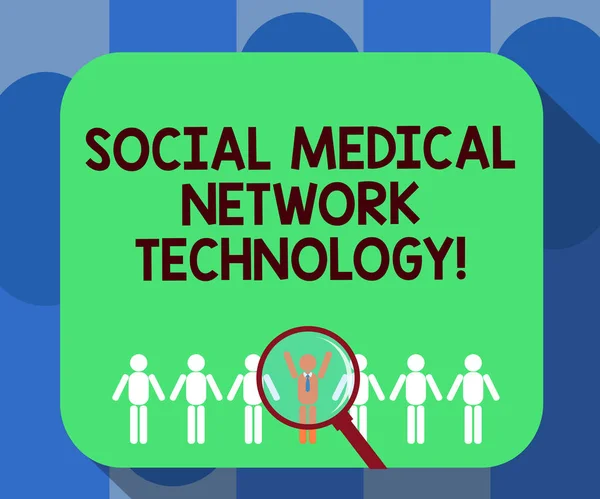 Handwriting text writing Social Medical Network Technology. Concept meaning Online modern networking connection Magnifying Glass Over Chosen Man Figure Among the Hu analysis Dummies Line Up.