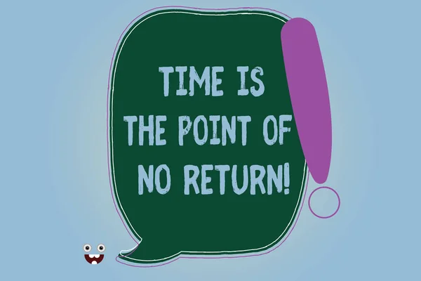Word writing text Time Is The Point Of No Return. Business concept for Do not stop what you are doing Motivation Blank Color Speech Bubble Outlined with Exclamation Point Monster Face icon.