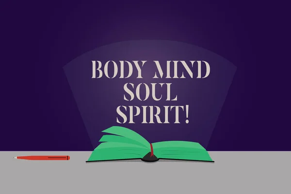 Word writing text Body Mind Soul Spirit. Business concept for Healthy lifestyle emotional balance Spiritual feelings Color Pages of Open Book photo on Table with Pen and Light Beam Glaring.