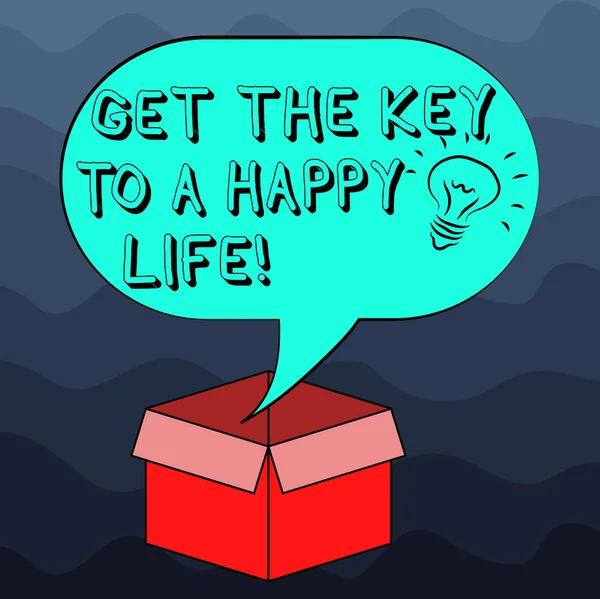 Menulis catatan yang menunjukkan Get The Key To A Happy Life. Foto bisnis yang menampilkan inspirasi motivasi bagi ikon pemenuhan kebahagiaan Idea Di dalam Bulatan Pidato Halftone Kosong Di Atas Kotak Karton Terbuka . — Stok Foto