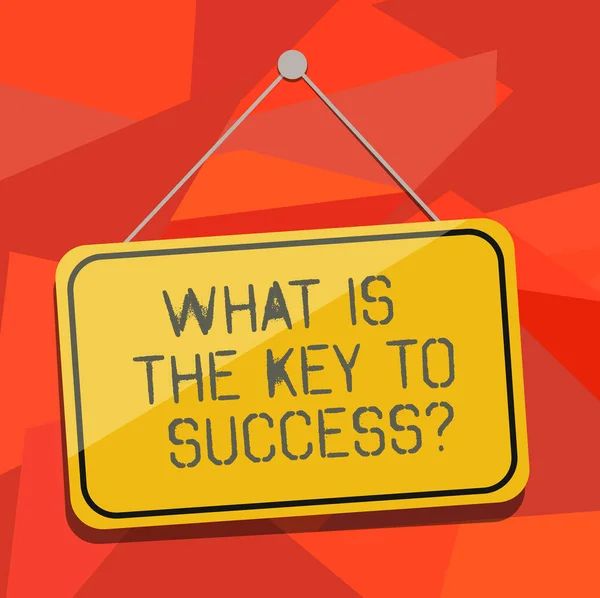 Word writing text What Is The Key To Success. Business concept for Advices to accomplish goals business experience Blank Hanging Color Door Window Signage with Reflection String and Tack. — Stock Photo, Image