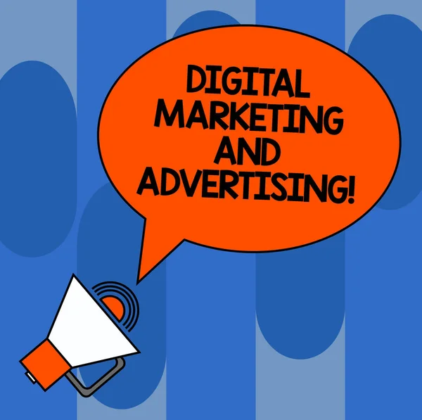 Writing note showing Digital Marketing And Advertising. Business photo showcasing Social media promotion content analysisagement Oval Outlined Speech Bubble Text Balloon Megaphone with Sound icon.