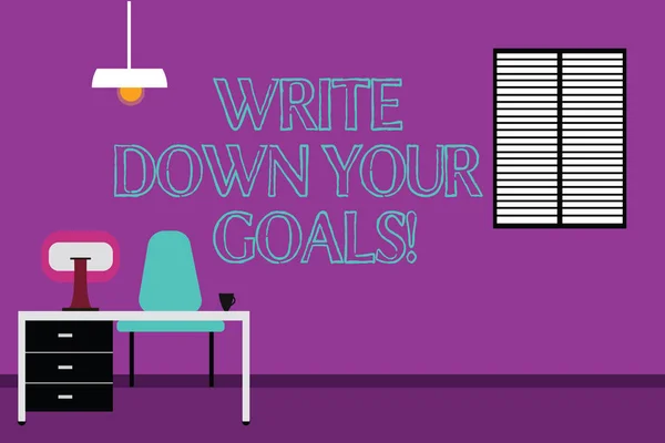 Handskrift text skriva skriva ner dina mål. Begrepp som betyder göra en lista över ditt mål bo motiverad arbetsutrymme minimalistisk interiör dator och området inuti ett studierum foto. — Stockfoto