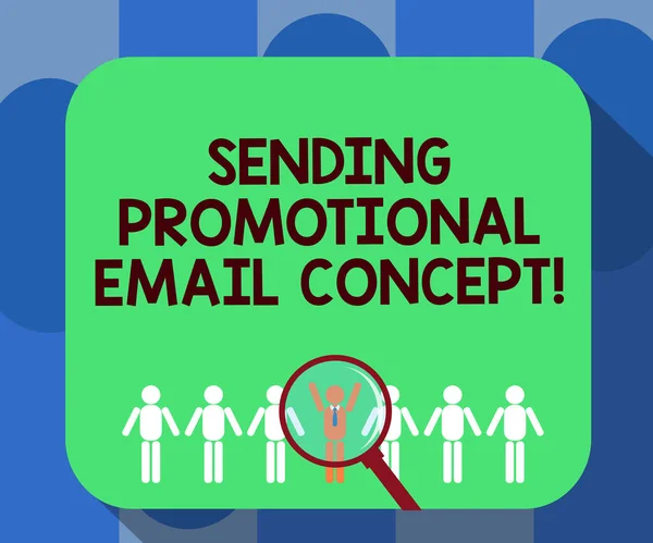 Handwriting text writing Sending Promotional Email Concept. Concept meaning Online marketing modern advertising Magnifying Glass Over Chosen Man Figure Among the Hu analysis Dummies Line Up.