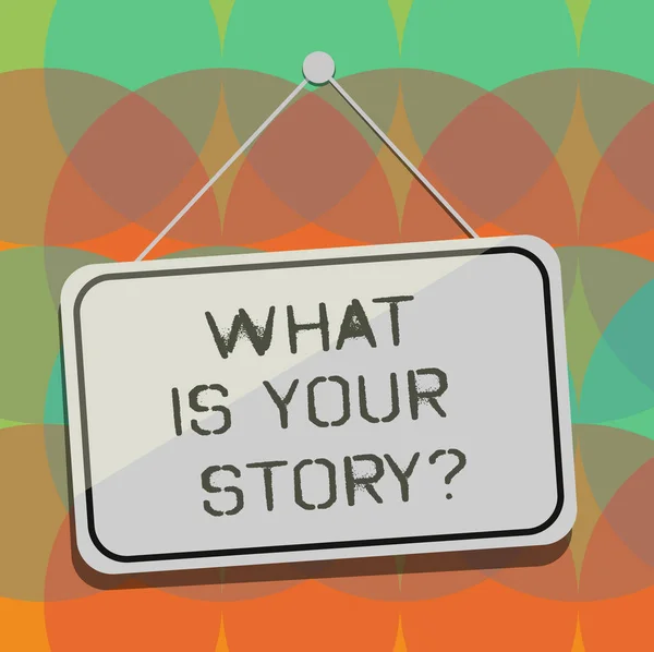 Word writing text What Is Your Storyquestion. Business concept for Tell us your background and life experiences Blank Hanging Color Door Window Signage with Reflection String and Tack. — Stock Photo, Image