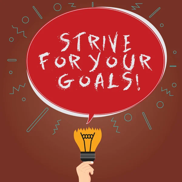 Conceptual hand writing showing Strive For Your Goals. Business photo showcasing Fight for your success motivation take action Oval Speech Bubble Above a Broken Bulb with Failed Idea icon.