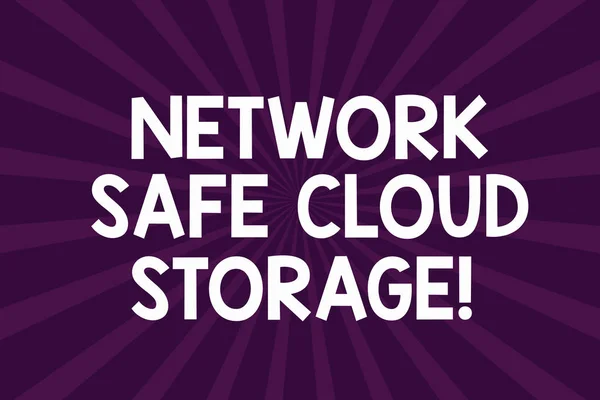 Writing note showing Network Safe Cloud Storage. Business photo showcasing Security on new online storage technologies Half Tone Sunburst Beam Explosion Effect for Announcement Poster.