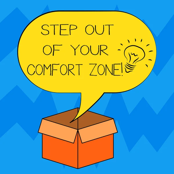 Znak tekstowy Wyświetlono Step Out Of Your Comfort Zone. Koncepcyjne zdjęcie zrobić różne rzeczy urlop ikonę pomysł rutynowych wewnątrz puste półtonów mowy Bańka na otwarte pudełko kartonowe. — Zdjęcie stockowe