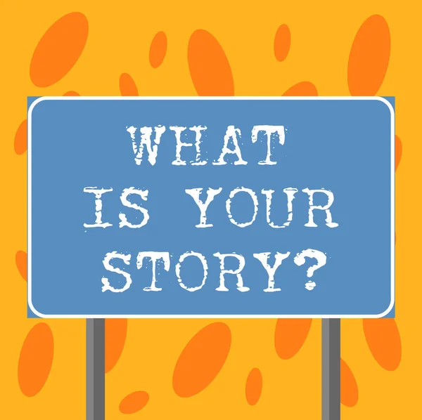 Ne olduğunu Your Storyquestion gösterilen Not yazma. Söyle bize arka plan ve yaşam deneyimleri boş açık renk tabelasını fotoğraf iki bacak ve anahat ile vitrine iş fotoğraf. — Stok fotoğraf
