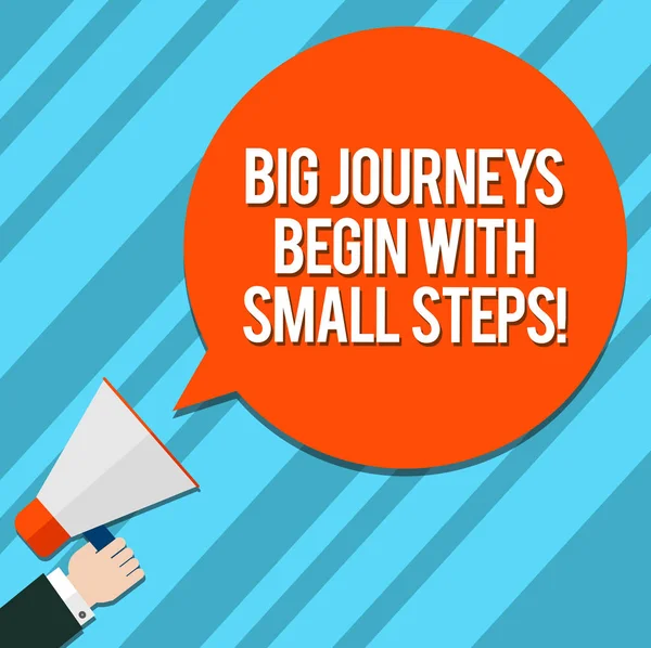 Word writing text Big Journeys Begin With Small Steps. Business concept for One step at a time to reach your goals Hu analysis Hand Holding Megaphone Blank Round Color Speech Bubble photo. — Stock Photo, Image