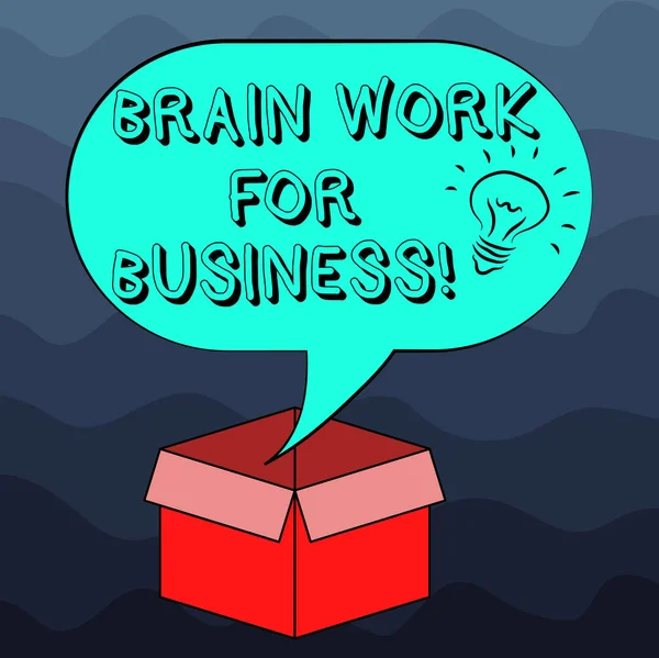 Uwaga: pisanie Wyświetlono mózgu pracy dla biznesu. Biznesowe zdjęcie prezentujący burzy mózgów inspiracji twórczej pracy myślenie pomysł ikona wewnątrz puste półtonów mowy Bańka na otwarte pudełko kartonowe. — Zdjęcie stockowe