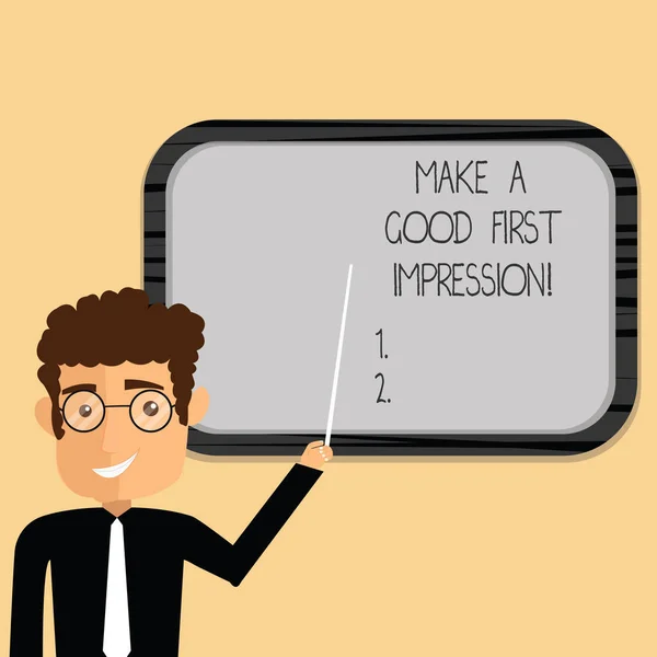 Word writing text Make A Good First Impression. Business concept for Introduce yourself in a great look and mood Man Standing Holding Stick Pointing to Wall Mounted Blank Color Board. — Stock Photo, Image