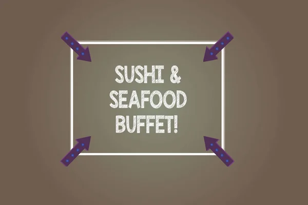 Znak tekstowy Wyświetlono Sushi i owoce morza w formie bufetu. Koncepcyjne Zdjęcie potrawy japońskie jedzenie ryb dostępne dla wybierz kontur kwadrat z rogu strzałki wskazujące do wewnątrz na kolor tła. — Zdjęcie stockowe