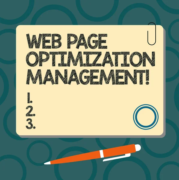 Sinal de texto mostrando Gerenciamento de Otimização de Página Web. Foto conceitual Website análise de marketing de conteúdo Placa de cor quadrada em branco com ímã Clique caneta esferográfica Pushpin e Clip . — Fotografia de Stock