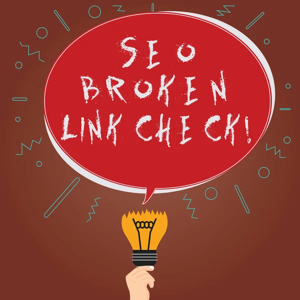 Conceptual hand writing showing Seo Broken Link Check. Business photo showcasing Search engine optimization error in website links Oval Speech Bubble Above a Broken Bulb with Failed Idea icon. — Stock Photo, Image