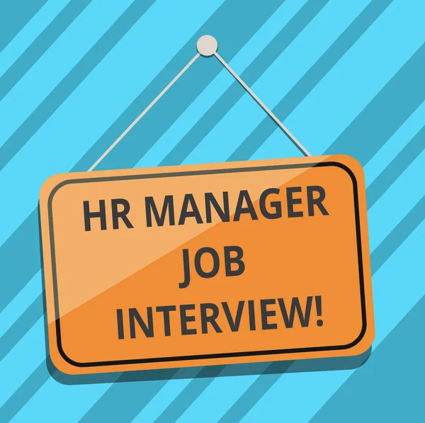 Text sign showing Hr Manager Job Interview. Conceptual photo Recruitment huanalysis resources searching for employees Blank Hanging Color Door Window Signage with Reflection String and Tack.