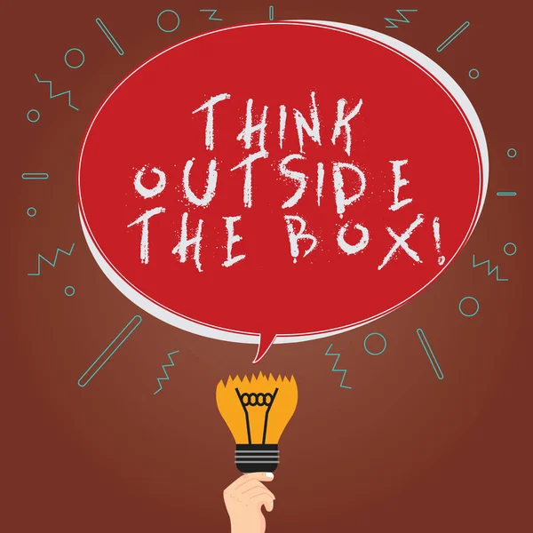Conceptual hand writing showing Think Outside The Box. Business photo showcasing Be unique different ideas bring brainstorming Oval Speech Bubble Above a Broken Bulb with Failed Idea icon.