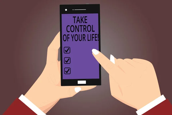 Conceptual hand writing showing Take Control Of Your Life. Business photo showcasing Be the analysisager of your destiny motivation Hu analysis Hands Holding Pointing Smartphone Color Screen. — Stock fotografie