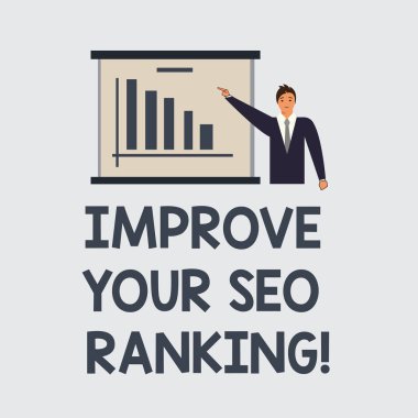 Your Seo sıralaması artırmak gösterilen metin işareti. Kavramsal fotoğraf olsun daha iyi geliştirmek arama motoru optimizasyonu adam iş takım ayakta işaret içinde bir tahta çubuk grafik kopya alanı ile.