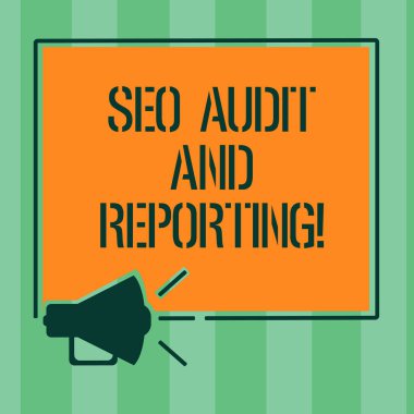 El yazısı metin Seo denetim ve raporlama. Arama motoru optimizasyonu İnceleme geribildirim megafon ses simgesini ana hatlarıyla boş Meydanı hoparlör metin yer fotoğraf anlam kavramı.