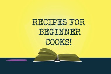 Kavramsal el yemek tarifleri için acemi aşçılar gösterilen yazma. Hızlı ve kolay gıda müstahzarları yeni şefler tablo üzerinde renk kitap sayfaları için kalem ve ışık ışını göze batan ile vitrine iş fotoğraf.