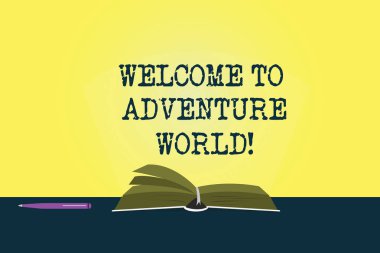 Kavramsal el Hoşgeldiniz için macera dünya gösterilen yazma. İş fotoğraf vitrine keyfi seyahat keşfetmek yeni turizm renkli sayfalar kitap masada kalem ve ışık ışını göze batan ile yerleştirir.