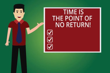 Metin yazma zamanı olduğunu Point Of No Return kelime. İş kavramı için ne yapıyorsun durdurmak değil motivasyon adam kravat ayakta konuşurken sunan renk Meydanı Pano fotoğraf ile.