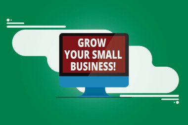 Küçük iş büyümek gösterilen Not yazma. Şirket vitrine iş fotoğraf pozitif nakit akışı kazanmak monte bilgisayar monitörü boş yansıyan ekran arka plan oluşturur.