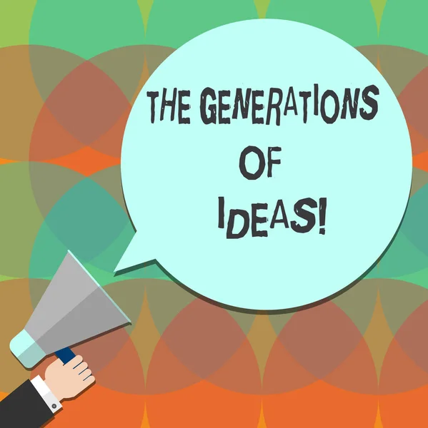 Conceptual hand writing showing The Generations Of Ideas. Business photo text Brainstorming creative activities inspiration Hu analysis Hand Holding Megaphone Color Speech Bubble. — Stock Photo, Image