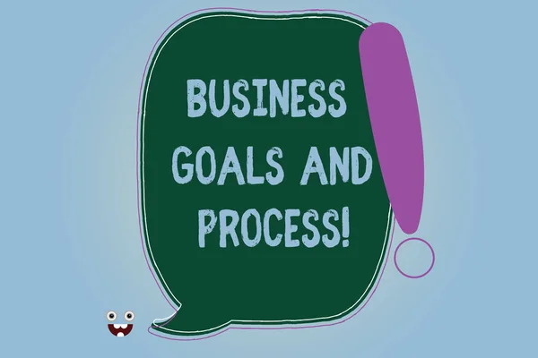 Word szövegírás üzleti célok és folyamat. Működő stratégiákat üzleti koncepció elérni célkitűzések üres színes beszéd buborék felkiáltójel Monster arc ikonnal. — Stock Fotó