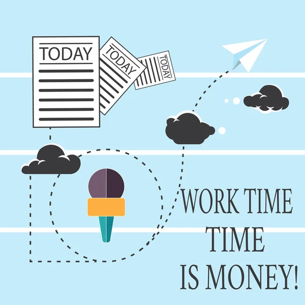 Text sign showing Work Time Time Is Money. Conceptual photo Be fast to accomplish more work efficiently Information and Documents Passing thru Cloud Hosting Fast delivery of Data. — Stock Photo, Image