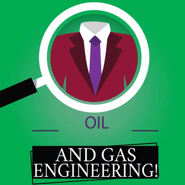 Text sign showing Oil And Gas Engineering. Conceptual photo Petroleum company industrial process engineer Magnifying Glass photo Enlarging Inspecting a Tuxedo and Label Tag Below. — Stock Photo, Image